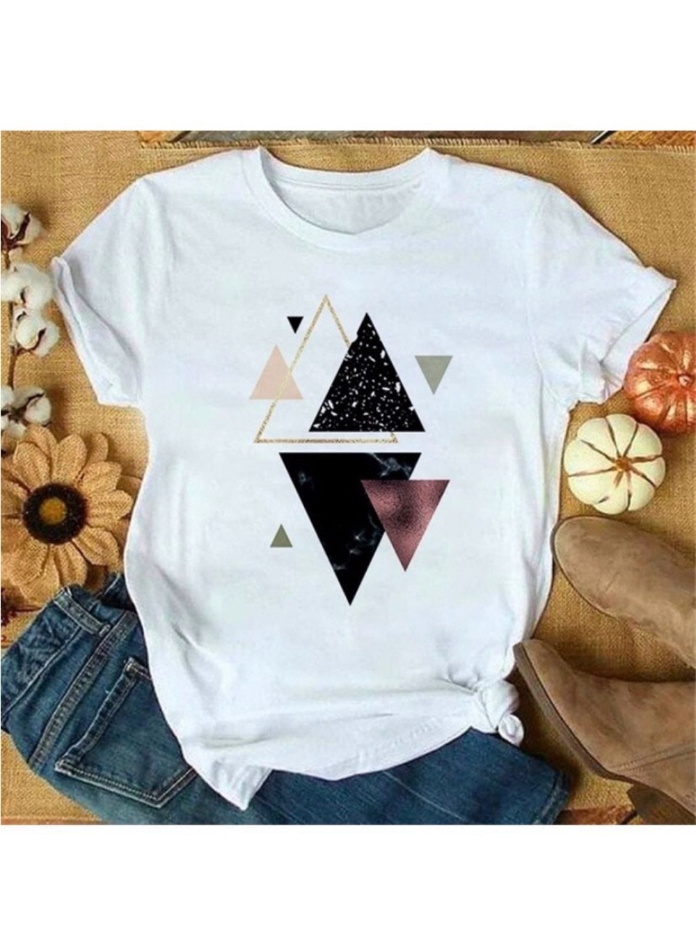 Women's White Short Sleeve Tee with Geometric Triangle Print